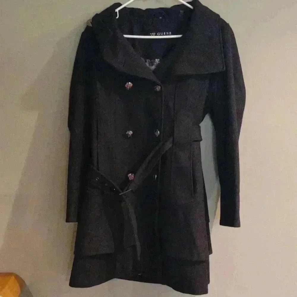 Guess black lined wool blend silver button army ruffle‎ coat women's large